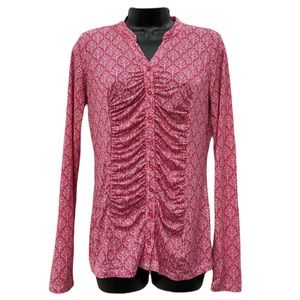 DownEast Red Print Long Sleeve Knit Top Button Down Ruched Front size Small